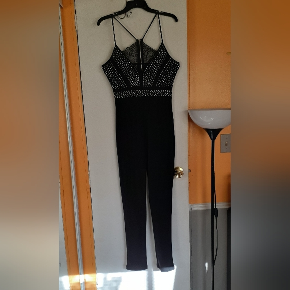 Black jumpsuit L with Rhinestone and Lace details